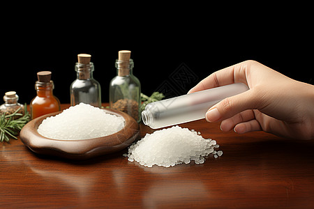 研磨香料桌面上研磨的粗盐背景
