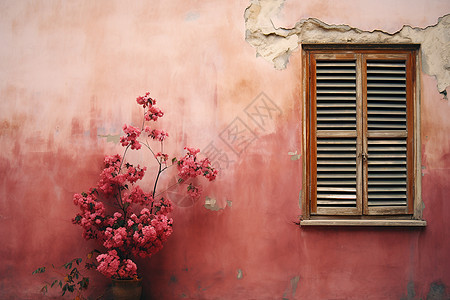 粉色墙壁前的盆栽图片