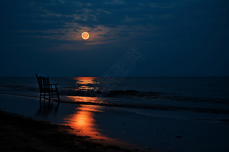 夜晚的红月和海洋图片