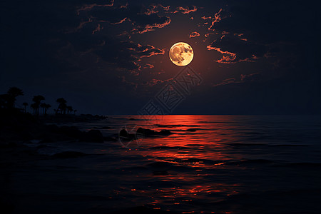 夜晚的红月风景图片