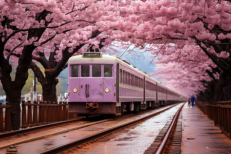 粉色樱花下的火车图片