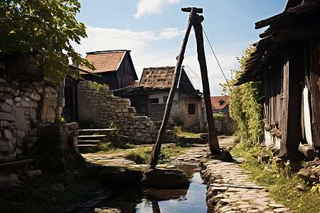 村庄里的溪流背景图片