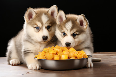 地板上吃食物的可爱小狗图片