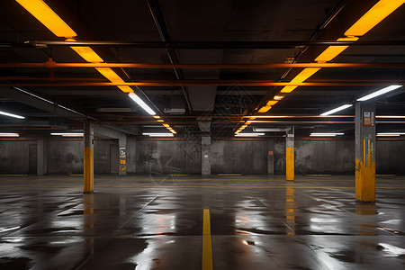 地下停车库黄灯闪烁的空旷停车库背景