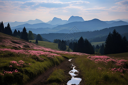 夕阳下的山野山谷图片