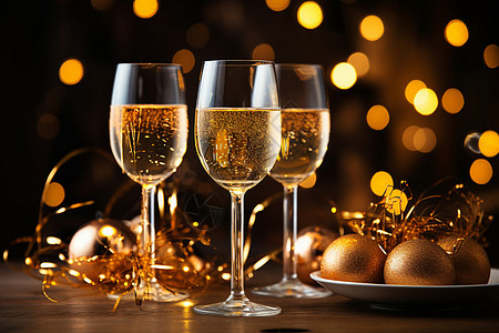 桌子上的香槟酒和圣诞球图片