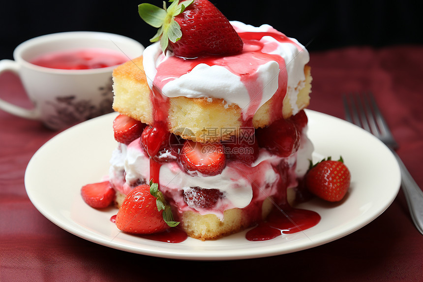 新鲜烘焙的草莓奶油蛋糕图片