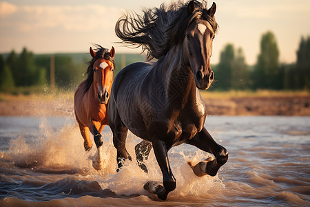 两匹马在河流中奔跑图片