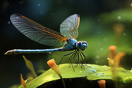 雨中的蓝色蜻蜓背景图片