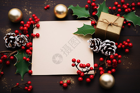冬青果装饰的圣诞贺卡背景图片