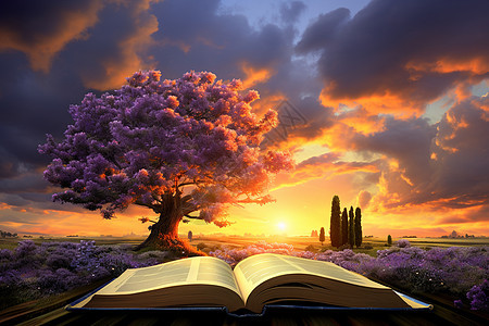 落日花树下展开的书图片