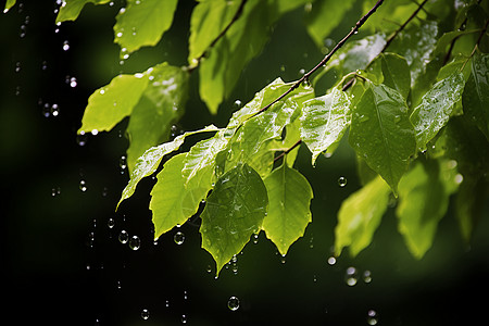 树叶雨滴雨中的树叶背景