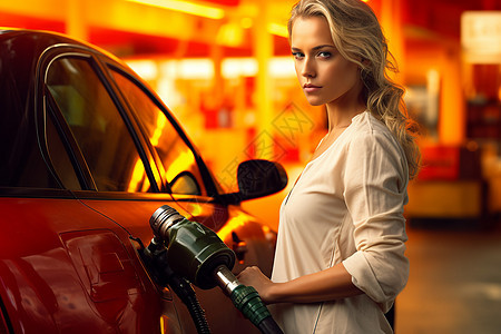 给汽车加油的女人背景图片