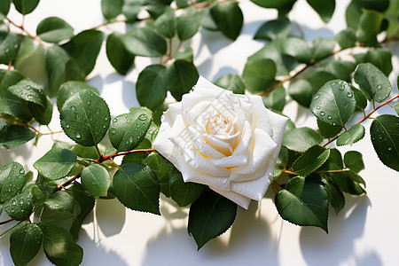绿叶环绕的白玫瑰图片