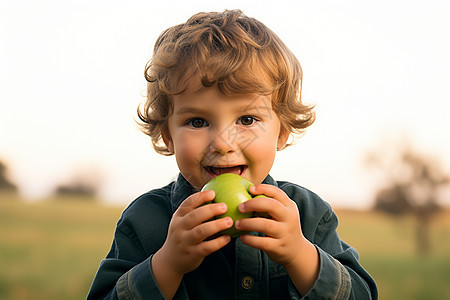 咬苹果的小男孩图片