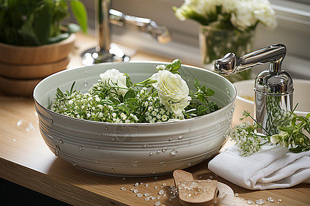洗漱盆里的鲜花背景图片