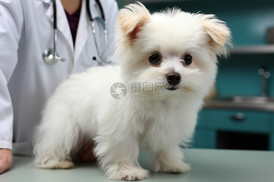 小白狗在检查台上被兽医检查图片