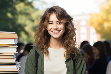 女大学生在书堆前微笑图片