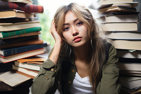 书堆里用手扶头的女大学生图片