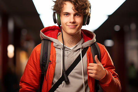 戴耳机享受音乐的男孩背景图片