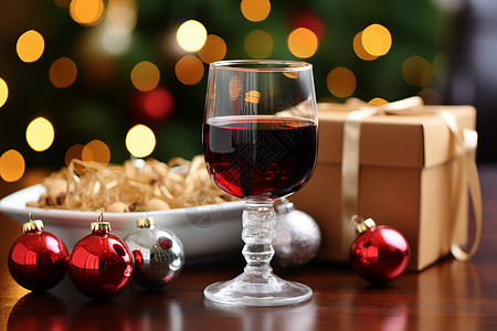红酒和圣诞球背景图片