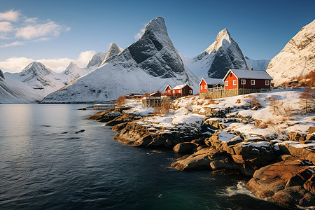 大海房子雪山下的木屋背景