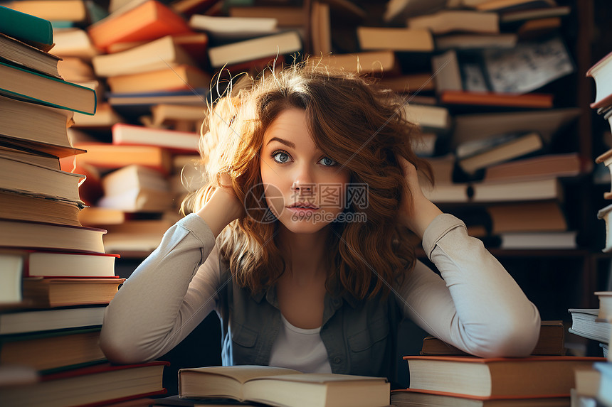 书堆里按摩头部的女学生图片