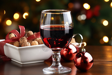 桌子上的圣诞球和红酒杯图片