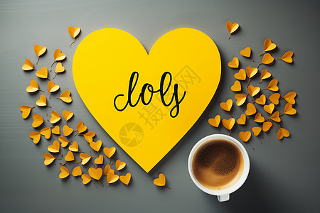 黄色心形和咖啡杯背景图片