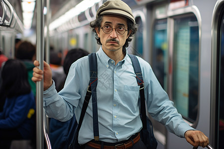 地铁上握着扶手的中年男子图片