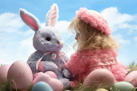 彩蛋间的玩偶兔子和女孩图片