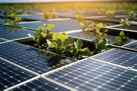 太阳能电池板上的植物背景图片