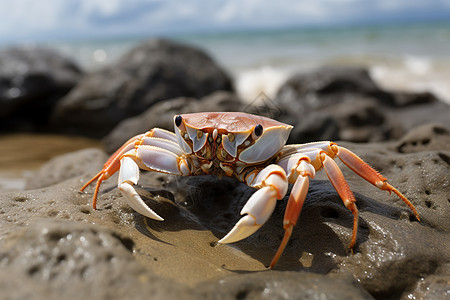 螃蟹坐在海岸的岩石上背景图片