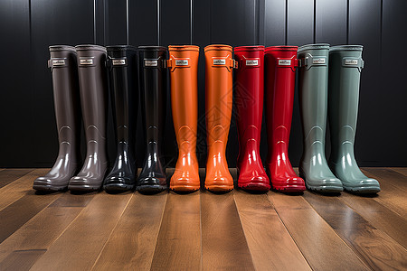 一排不同颜色的雨靴图片