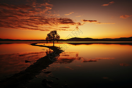 夕阳余晖湖面倒映高清图片