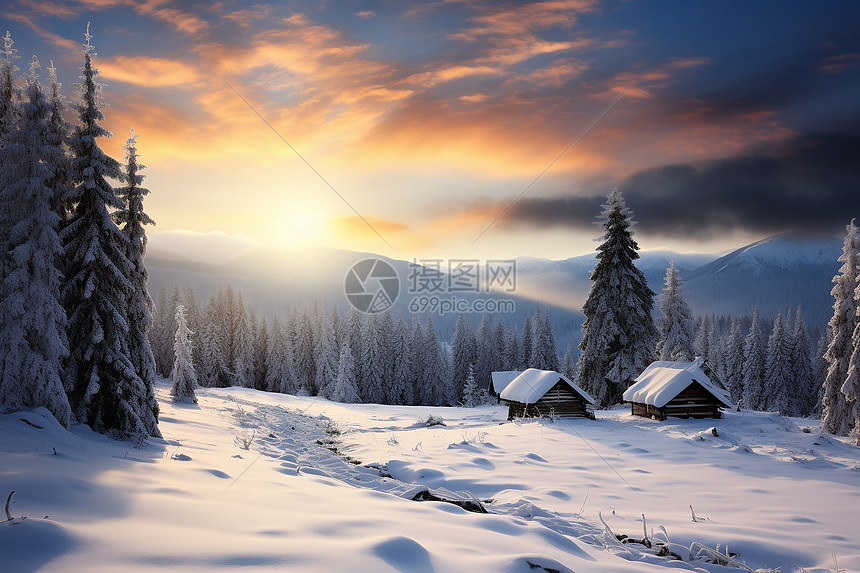 白雪中的树木和房屋图片