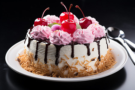 可口的樱桃奶油蛋糕图片