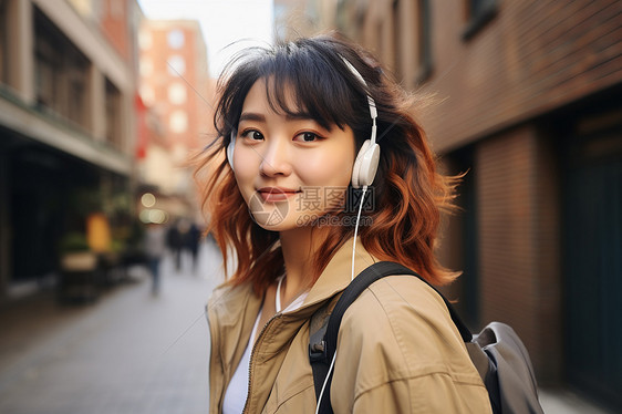 街上戴耳机的女子图片