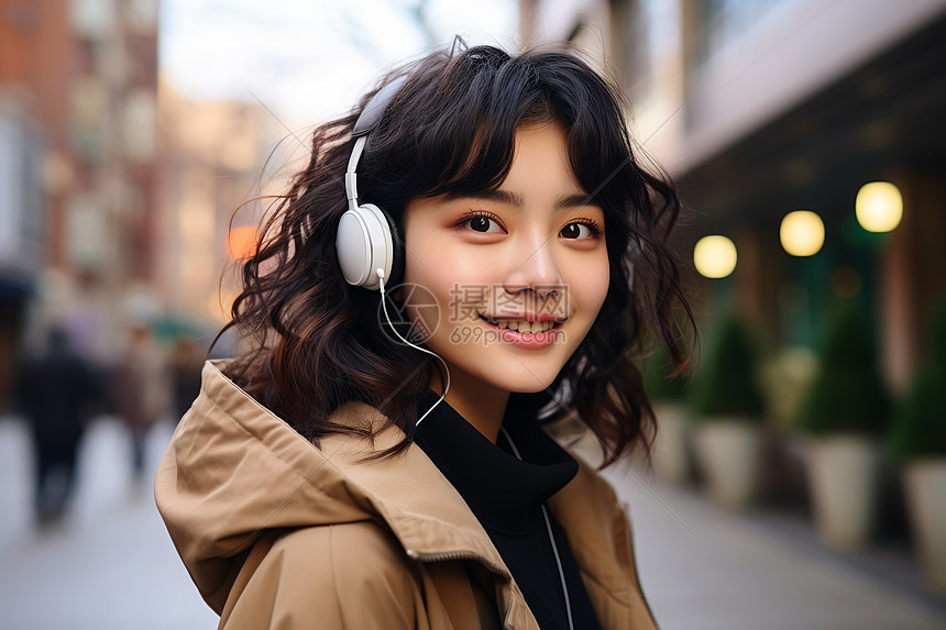 街头戴耳机的女子图片