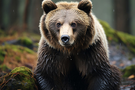 雨后森林中野生的棕熊图片