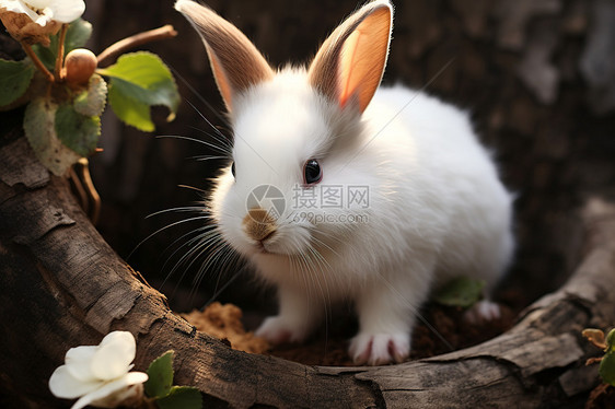 树桩上毛茸茸的小兔图片