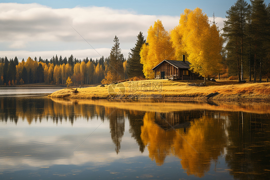 秋色湖边的风景图片