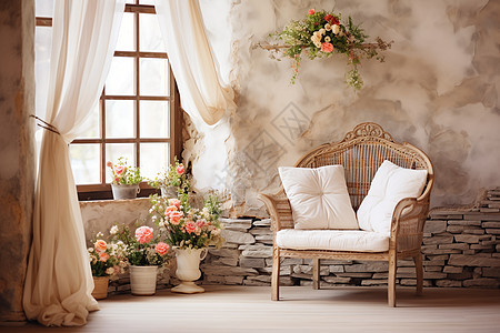 木质窗户下的鲜花和椅子图片