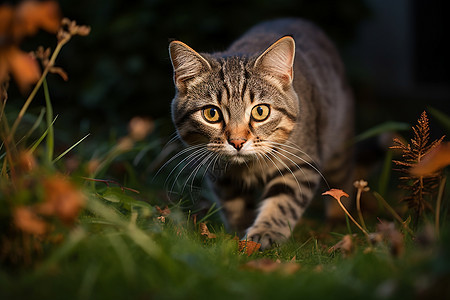 草地上漫步的猫咪背景图片