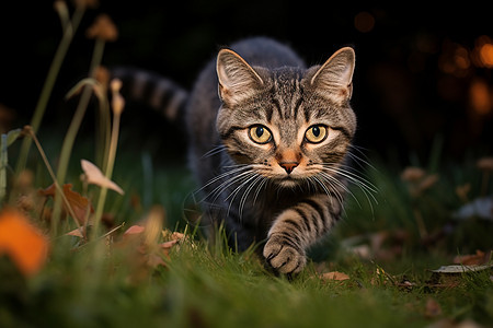 穿过草地的猫咪背景图片