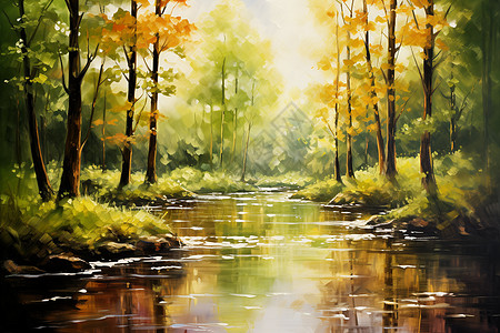 阳光下蜿蜒的河流阳光下的树林插画