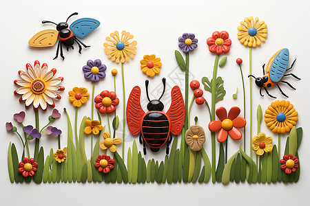 手工制作的昆虫花卉背景图片