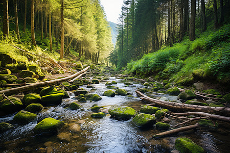 森林溪流与绿树图片