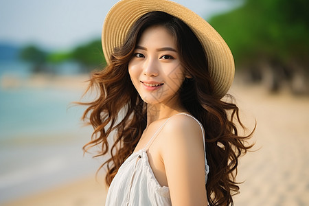 海滩上快乐微笑的女子图片