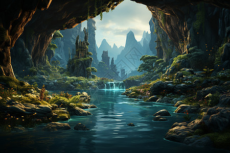 奇幻洞穴中的瀑布奇景图片